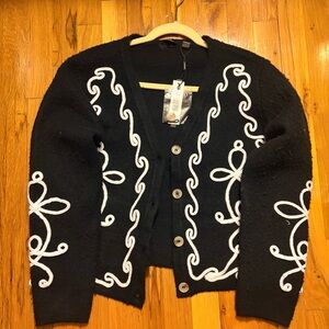 Tahari Black Cardigan with White Loop Design